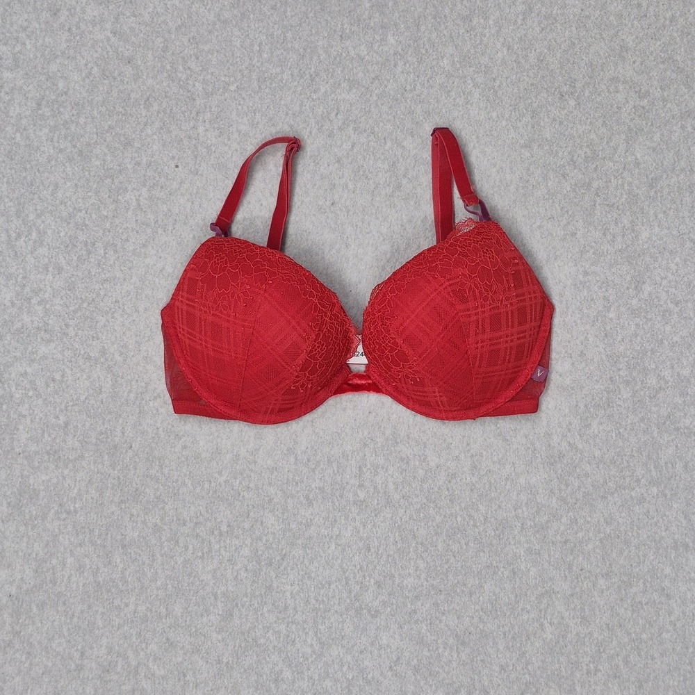 Victoria's Secret Women Bra 32DD Red Plaid Monochromatic Lace t Shirt Push Up